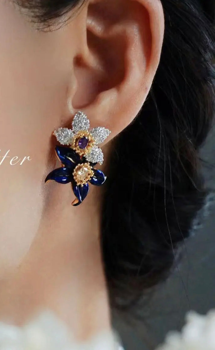 Enamel two-color phoenix flower earrings (combination of craftsmanship and art)