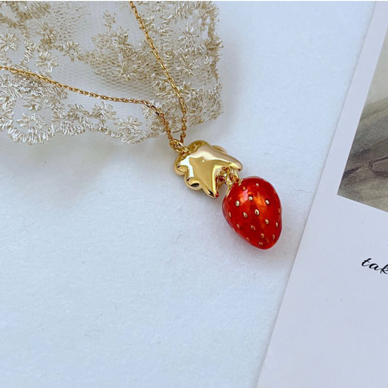 Classic enamel strawberry + small flower necklace