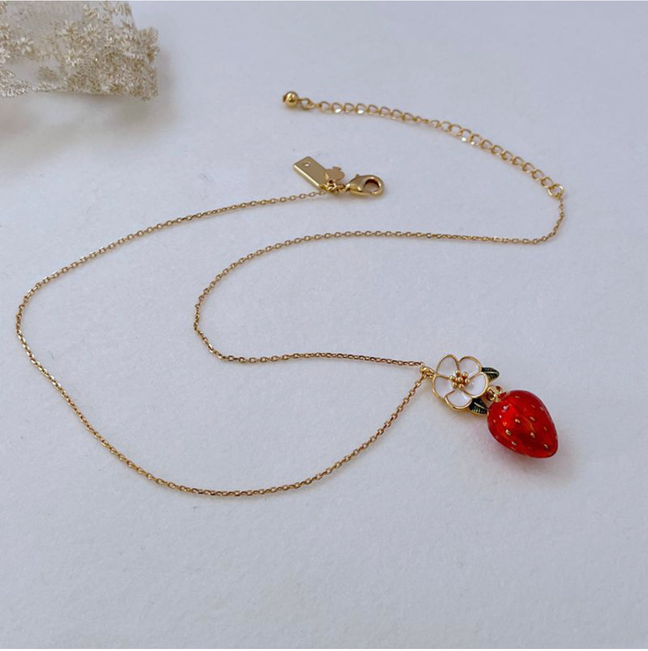 Classic enamel strawberry + small flower necklace