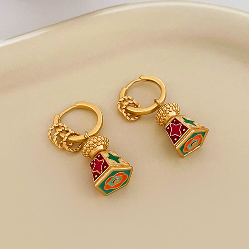 New Chinese style retro style enamel oil drop earrings (light luxury and high-end, fashionable temperament)