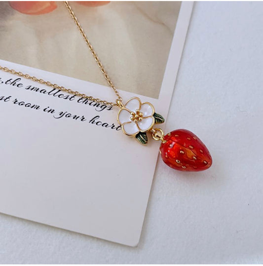 Classic enamel strawberry + small flower necklace