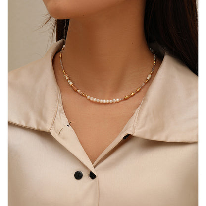 Niche holiday style colorful natural stone freshwater pearl beaded clavicle necklace