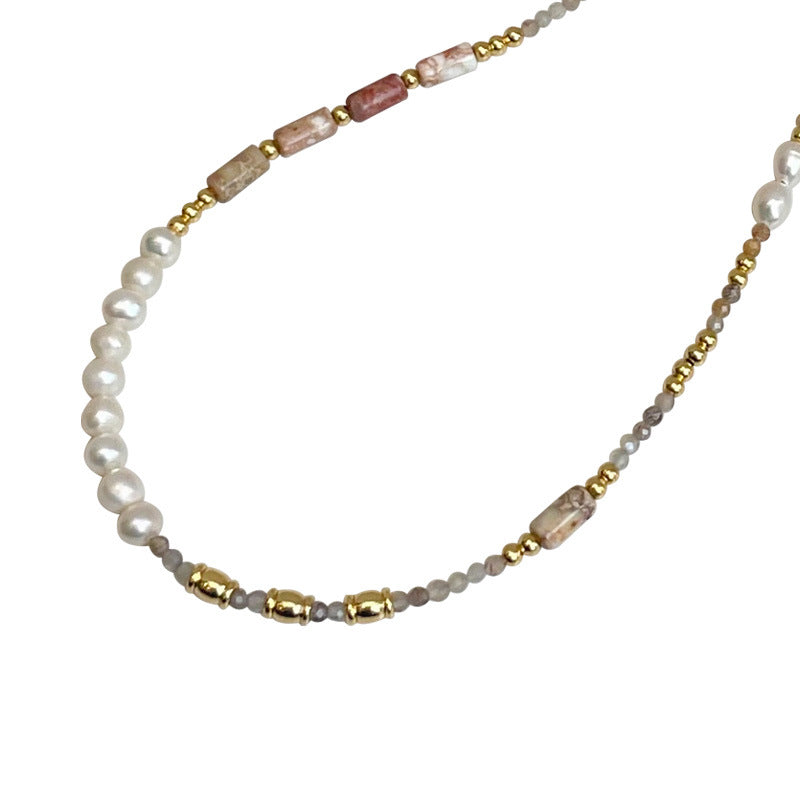 Niche holiday style colorful natural stone freshwater pearl beaded clavicle necklace