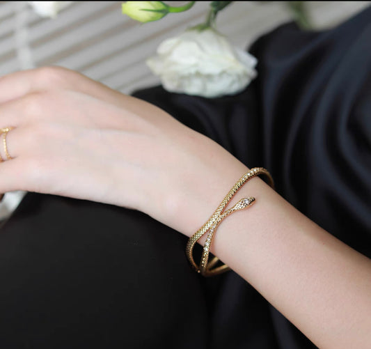 Gold snake entwined snake encrusted bracelet