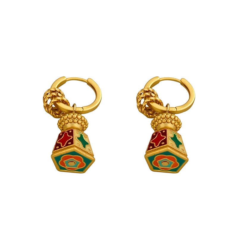 New Chinese style retro style enamel oil drop earrings (light luxury and high-end, fashionable temperament)